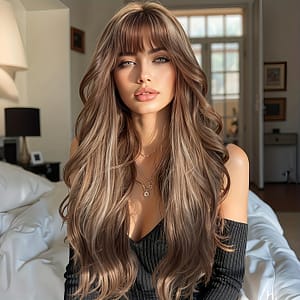 28 Inch Haircut Long Wavy Curly Hair Wigs With Bangs For Women Synthetic Fiber Wigs For Daily Party Use Beauty & Personal Care Shop Online at Dubai Trades