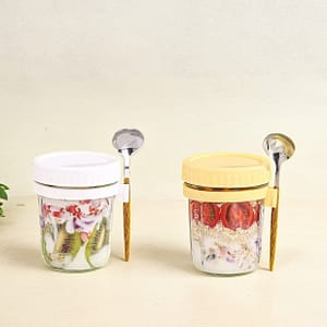 2pcs 350ml/12.32oz Glass Cups,overnight Oats Cup With Spoon Breakfast Cup Portable Glass Salad Jar Yogurt Cup Dining & Entertaining Shop Online at Dubai Trades