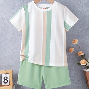 2pcs Boy’s Casual Striped Short Sleeve T-shirt & Solid Color Shorts Set, Comfy Summer Boys Clothes For Daily & Outdoor Wear Boys Shop Online at Dubai Trades