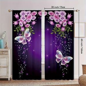 2pcs Classic Purple And Floral Print Light-filtering Curtains, Polyester 100% Velvet, Rod Pocket Hanging, Fade Resistant, Machine Washable, Decorative For Living Room Bedroom, Curtains & Drapes Shop Online at Dubai Trades