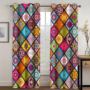 2pcs Colorful Bohemian Curtains, Rod , Semi-transparent Polyester With Vibrant Mandala Print Patterns, Living Room, Bedroom, Kitchen, And Home Decor, Curtains For Living Room Curtains & Drapes Shop Online at Dubai Trades