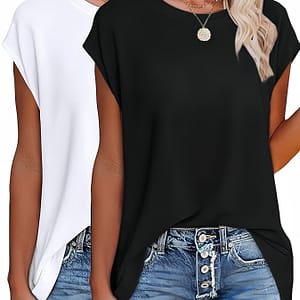 2pcs Crew Neck Solid Simple T-shirt, Casual Cap Sleeve Top For , Women’s Clothing Clothing Shop Online at Dubai Trades