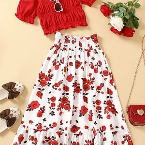 2pcs Elegant Girls Solid Puff Short Sleeve Top + Flora Skirt Set For Summer Outdoor Birthday Gift Party Clothing Shop Online at Dubai Trades