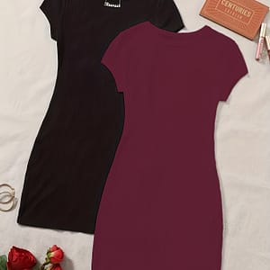 2pcs Elegant Ribbed Knit Pencil Dresses In Burgundy & Black – Stretchy Polyester/spandex Blend, Crew Neck, Short Sleeve, Machine Washable – Chic Attire For Women, Cute Dresses Clothing Shop Online at Dubai Trades