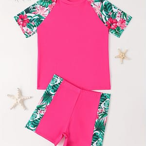 2pcs Girls Splicing Swimsuit Set, Short Sleeve Top + Shorts Set Swimwear For Summer Beach Surfing Gift Clothing Shop Online at Dubai Trades 2