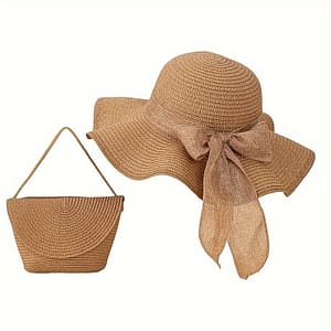 2pcs Khaki Color Bowknot Decor Sun Hat Crossbody Bag, 1pc Foldable Wide Brim Straw Hat & 1pc Minimalist Straw Bag Combination Accessories Shop Online at Dubai Trades