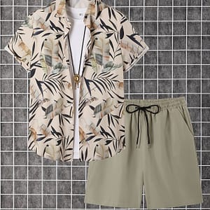 2pcs Men’s Outfit Set, Tropical Leaf Print Short Sleeve Button Up Lapel Shirt Top & Solid Drawstring Shorts With Pockets Active Shop Online at Dubai Trades