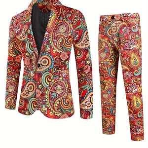 2pcs Men’s Paisley Pattern Blazer & Suit Pants Set, , Fashionable Print, Fit Clothing Shop Online at Dubai Trades