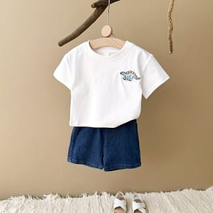 2pcs, Newborn Children’s Cute Cartoon Dinosaur Embroidery Casual Comfortable Short Sleeve T-shirt And Shorts Set For Summer, Outdoor Baby Shop Online at Dubai Trades
