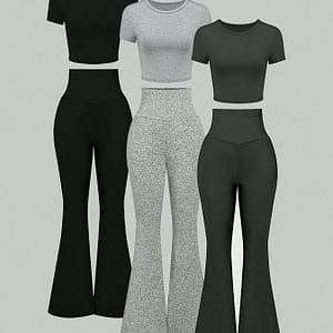 3 Pack Casual Solid Color 2 Piece Set, Crop Crew Neck Short Sleeve T-shirt & Flare Leg Pants Outfits, Women’s Clothing Clothing Shop Online at Dubai Trades