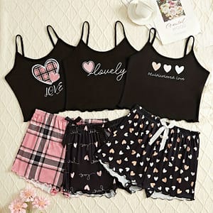3 Sets Casual Heart & Letter Print Frill Trim Pajama Set, Round Neck Backless Cami Top & Shorts, Women’s Sleepwear Clothing Shop Online at Dubai Trades