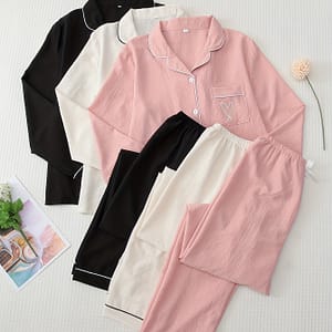 3 Sets Heart Print Pajama Set, Long Sleeve Buttons Top & Waistband Pants, Women’s Sleepwear & Loungewear For Fall Clothing Shop Online at Dubai Trades