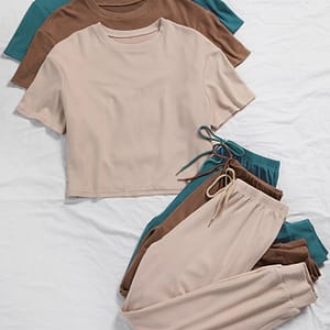3 Sets Women’ Color Lounge Set, Comfortable Tee & Tie Front Pants, Relaxed Fit Casual Wear, Multiple Colors Available Active Shop Online at Dubai Trades