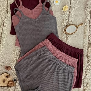 3 Sets Women’s Casual Pajamas Set, Plus Size Solid Waffle Knit V Neck Cami Top & Shorts Lounge 6 Piece Set Clothing, Shoes & Jewelry Shop Online at Dubai Trades
