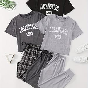 3 Sets Women’s Letter Print Set, Short Sleeve Round Neck Top & Drawstring Joggers, Comfortable Relaxed Fit Clothing Shop Online at Dubai Trades