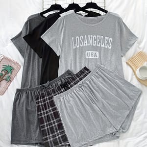 3 Sets Women’s Plus Casual Pajamas Set, Plus Size Letter & Plaid Print Short Sleeve Top & Shorts Lounge 6 Piece Set Clothing, Shoes & Jewelry Shop Online at Dubai Trades