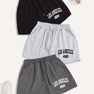 3-pack Y2k Style Women’s Casual Drawstring Shorts, 100% Polyester Knit Fabric, Solid Color, Loose Fit With Pockets, Slight Stretch, Summer Wear, 185g/m² – Los Angeles Usa Print Clothing Shop Online at Dubai Trades