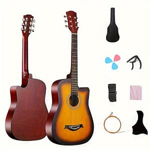 38 Inch Acoustic Guitar Beginner Kit, Basswood Panel With Matte Finish, 18 Frets, Abs Nut, Includes Bag, Picks, Strings, And Strap Acoustic Guitars Shop Online at Dubai Trades