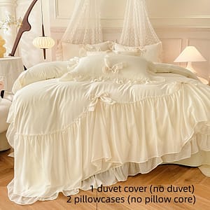 3pcs Beige White Duvet Cover Set, Embellished, Solid Color, Zipper Closure, Machine Washable, Polyester 100%, Woven Fabric, 140-160g – No Insert Included Bedding Shop Online at Dubai Trades