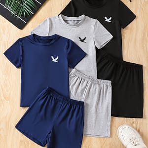 3pcs Boys Casual Eagle Short Sleeve T-shirt & Shorts Set, Comfy Summer Kids Clothes For Daily & Outdoor Wear Boys Shop Online at Dubai Trades