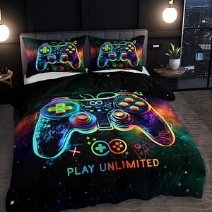 3pcs Cartoon Game Controller & Letter Print Bedding Set – Includes 1 Duvet Cover And 2 Pillowcases, Breathable Polyester, Machine Washable – Bedding Shop Online at Dubai Trades
