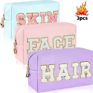 3pcs Chenille Preppy Makeup Bag For Women Travel Toiletry Bag Chenille Letter Cosmetic Bag Cute Zipper Organizer, Light Beige, Hair And Face Bags & Cases Shop Online at Dubai Trades