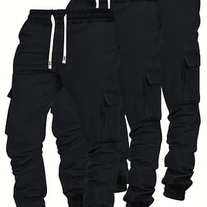 3pcs Men’s Cargo Pants – Fall/winter, Multi-, Solid Color With Elastic Drawstring Waist, Comfortable Polyester, Casual Jogger Sport Trousers In Black, Olive Green, Beige Clothing Shop Online at Dubai Trades