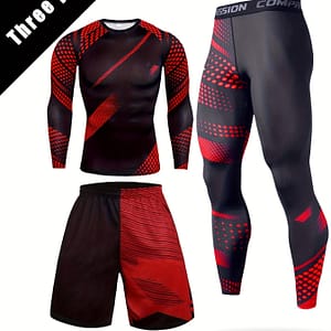 3pcs Men’s Color Quick-drying Sports Suits, Long Sleeve T-shirts + Breathable Shorts + High Stretch Leggings Clothing Shop Online at Dubai Trades