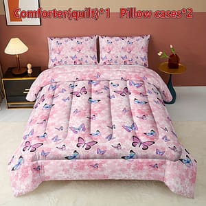 3pcs Pink Butterfly Quilt Set – Soft, Lightweight & Breathable Summer Bedding With 1 Quilt And 2 Pillowcases (no Insert) – Home Or Dorm Bedding Shop Online at Dubai Trades