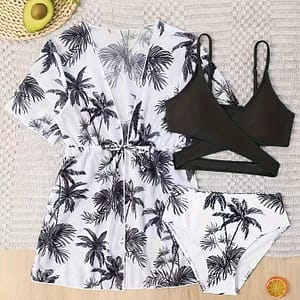 3pcs Print Women’s Bikini Set With V-neck Cover-up – Elegant High-stretch Polyester/elastane Swimsuit, Machine Washable, Includes Crisscross Bra & High-waisted Shorts Bikinis Shop Online at Dubai Trades