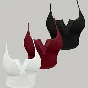 3pcs Set Women’s Knit Polyester Tank Tops With Button Detail, Casual Solid Color Slingback Camisoles, 95% Polyester 5% Elastane, Spaghetti Strap Tops Clothing Shop Online at Dubai Trades