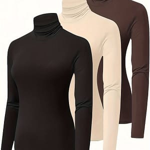 3pcs Solid Color Long Sleeve T-shirt, Casual Mock Neck Top For Winter & Fall, Women’s Clothing Clothing Shop Online at Dubai Trades