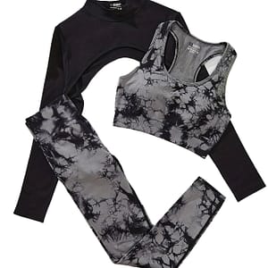 3pcs Tie-dye Yoga Set For Women – High-stretch Nylon Activewear With Racerback Sports Bra, Long Sleeve Thumb Hole Crop Top & Leggings – Machine Washable, Clothing Shop Online at Dubai Trades