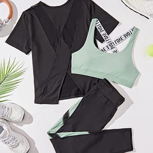 3pcs Women’s Yoga Set In Black & Purple – High-stretch, Sleeveless Sports Bra With Crisscross Straps, Short Sleeve Top & Leggings – Polyester & Elastane Blend, Machine Washable Clothing Shop Online at Dubai Trades 2