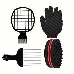 4pcs Hair Sponge Set With Sponge Glove, Metal Hair Pick Comb, Detangler Nylon Bristle Twist Comb For Hair – Coil Hair Barber Salon Use Beauty & Personal Care Shop Online at Dubai Trades
