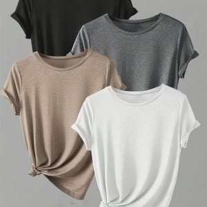 4pcs Women’s Casual Solid Color T-shirts – Soft Polyester & Elastane Blend, Crew Neck, Short Sleeve, Machine Washable – Ideal For , Black, Navy, Gray, White Clothing Shop Online at Dubai Trades