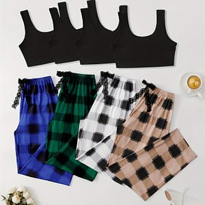 4pcs Women’s Cozy Pajama Set – Sleeveless Crop & Plaid Long Pants In Black, Green, Blue, & Beige – Soft Polyester With Waistband & Lace Trim – Machine Washable Clothing Shop Online at Dubai Trades