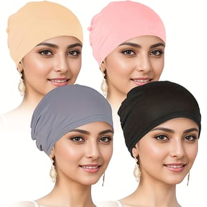 4pcs Women’s Turbans Single Color Two-piece Base Headscarf Hat Casual Comfortable Chemotherapy Hair Cap Accessories Shop Online at Dubai Trades