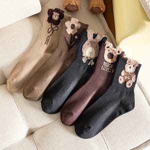 5 Pairs Bear Pattern Socks, Cute & Warm Mid Tube Socks, Women’s Stockings & Hosiery Accessories Shop Online at Dubai Trades