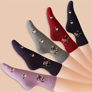 5 Pairs Floral Pattern Crew Socks, Warm Thick All- Mid Tube Socks For Fall & Winter, Women’s Stockings & Hosiery Accessories Shop Online at Dubai Trades
