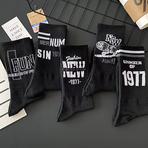 5 Pairs Men’s 1977 Vintage Letter Crew Socks – Stylish Black & White Mid-tube Socks With Ribbed Cuffs, Comfortable Casual Wear For Students & , Cute Socks Clothing Shop Online at Dubai Trades