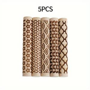 5-piece Embossed Rolling Pins Set – Wood – Patterned Dough Rollers For Baking, Pottery, Crafts – Textured Tools For Diy Projects Bakeware Shop Online at Dubai Trades
