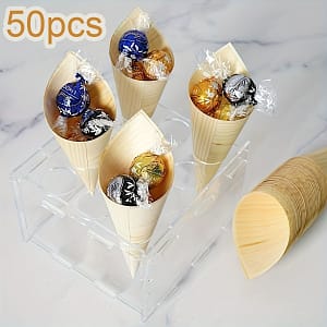 50//150pcs5.2 Inch Disposable Pine Wood Dessert Cone, Fruit Sand Container, Dessert Ice Cream Cone, Snack Horn Cone, Biscuit Packaging Box Party Dessert Cone Dining & Entertaining Shop Online at Dubai Trades