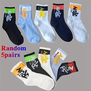 5pair Letters Pattern Men’s Mid-calf Crew Socks, Breathable Comfy Casual Socks Sweat-absorbing Fashion Sports Socks For Basketball Running Clothing Shop Online at Dubai Trades