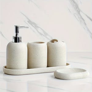5pcs Bathroom Set: Soap Dispenser, Mouthwash Cup, Toothbrush Holder, Soap Dish, Tray With Yellow Sandstone Pattern Bath Shop Online at Dubai Trades
