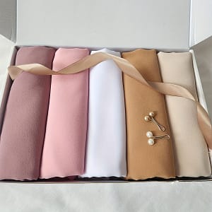 5pcs Elegant Chiffon Scarves With 2pcs Hijab Pins Combination, Solid Color Lightweight Shawls For Women, , Boxed Gift Gifts For Eid Accessories Shop Online at Dubai Trades 2
