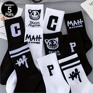 5pcs Mid-calf Socks With Fun Letter Prints – Breathable & Moisture-wicking, & Sports Accessories Shop Online at Dubai Trades