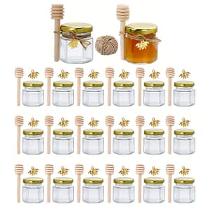 60pcs/50pcs/30pcs/20pcs Glass Honey Jars, .5 Oz Hexagon Mini Glass Jar With Wood Golden Lid Bee Pendant Jute Rope, For Jam Candies, Baby Shower, Wedding And Party Favors Dining & Entertaining Shop Online at Dubai Trades