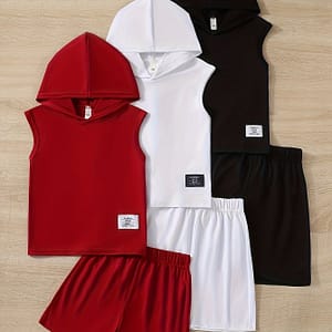 6pcs – 3 Outfits Set Boys Print Comfortable Sleeveless Hooded Top & Shorts Set, Cool, Lightweight And Comfy Summer Clothes For & Boys Shop Online at Dubai Trades