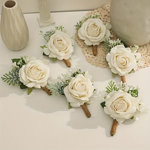 6pcs Elegant White Rose Boutonniere Set With Greenery – Ideal For Wedding & Party Attire, Artificial Flower Corsages, Wedding Accessories Accessories Shop Online at Dubai Trades